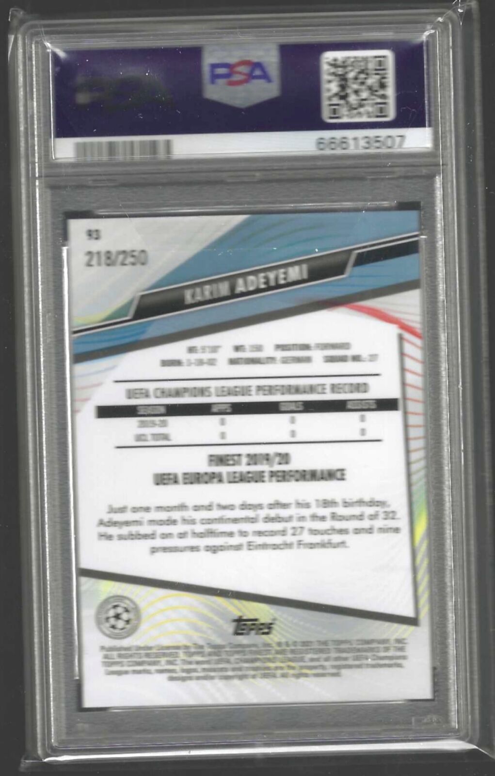 KARIM ADEYEMI 2020-21 TOPPS FINEST PURPLE REFRACTOR RC /250 PSA 10 GEM POP 16