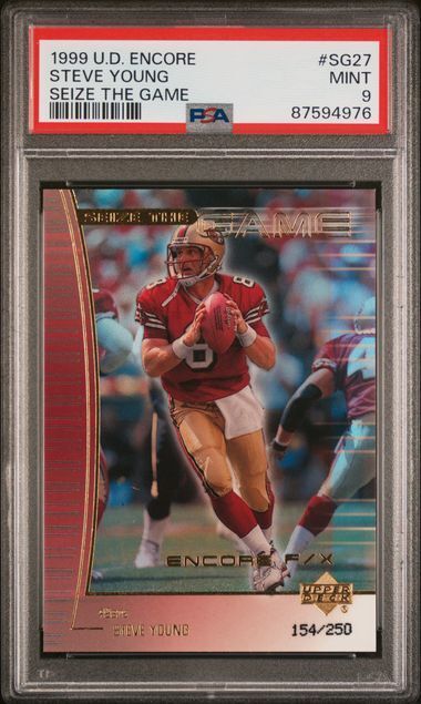 STEVE YOUNG 1999 UPPER DECK ENCORE SEIZE THE GAME #D 154/250 PSA 9 MINT POP 1/1