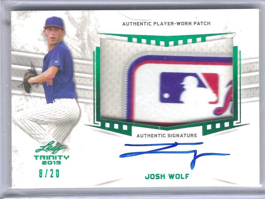 JOSH WOLF 2019 LEAF TRINITY GREEN FOIL GAME WORN MLB LOGO PATCH AUTO #D 8/20