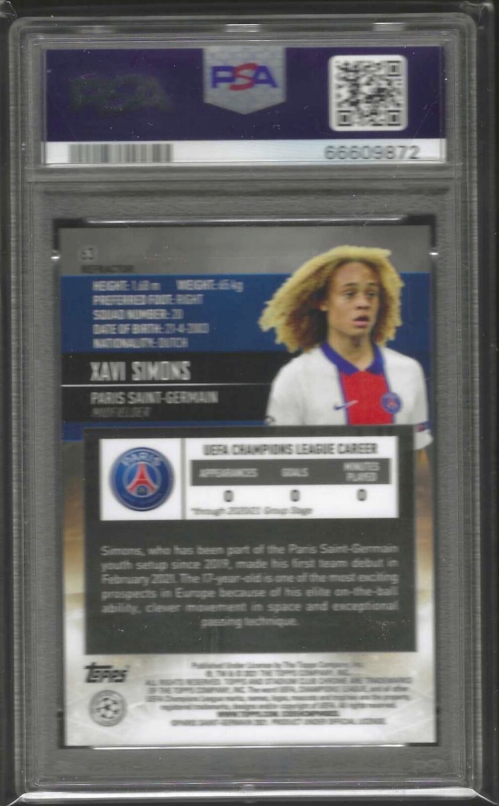 XAVI SIMONS 2020-21 TOPPS STADIUM CLUB CHROME REFRACTOR RC #63 PSA 10 GEM POP 7