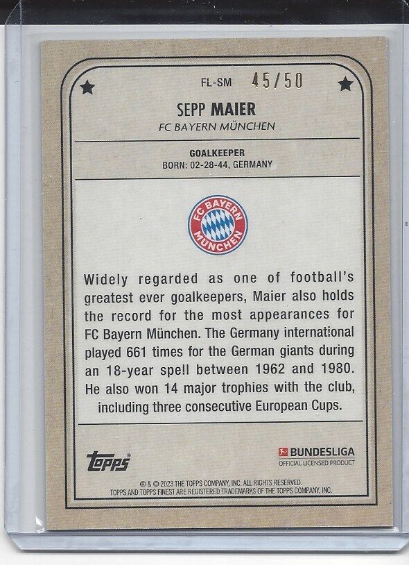 SEPP MAIER 2022-23 TOPPS FINEST BUNDESLIGA LEGENDS GOLD REFRACTOR #D 45/50