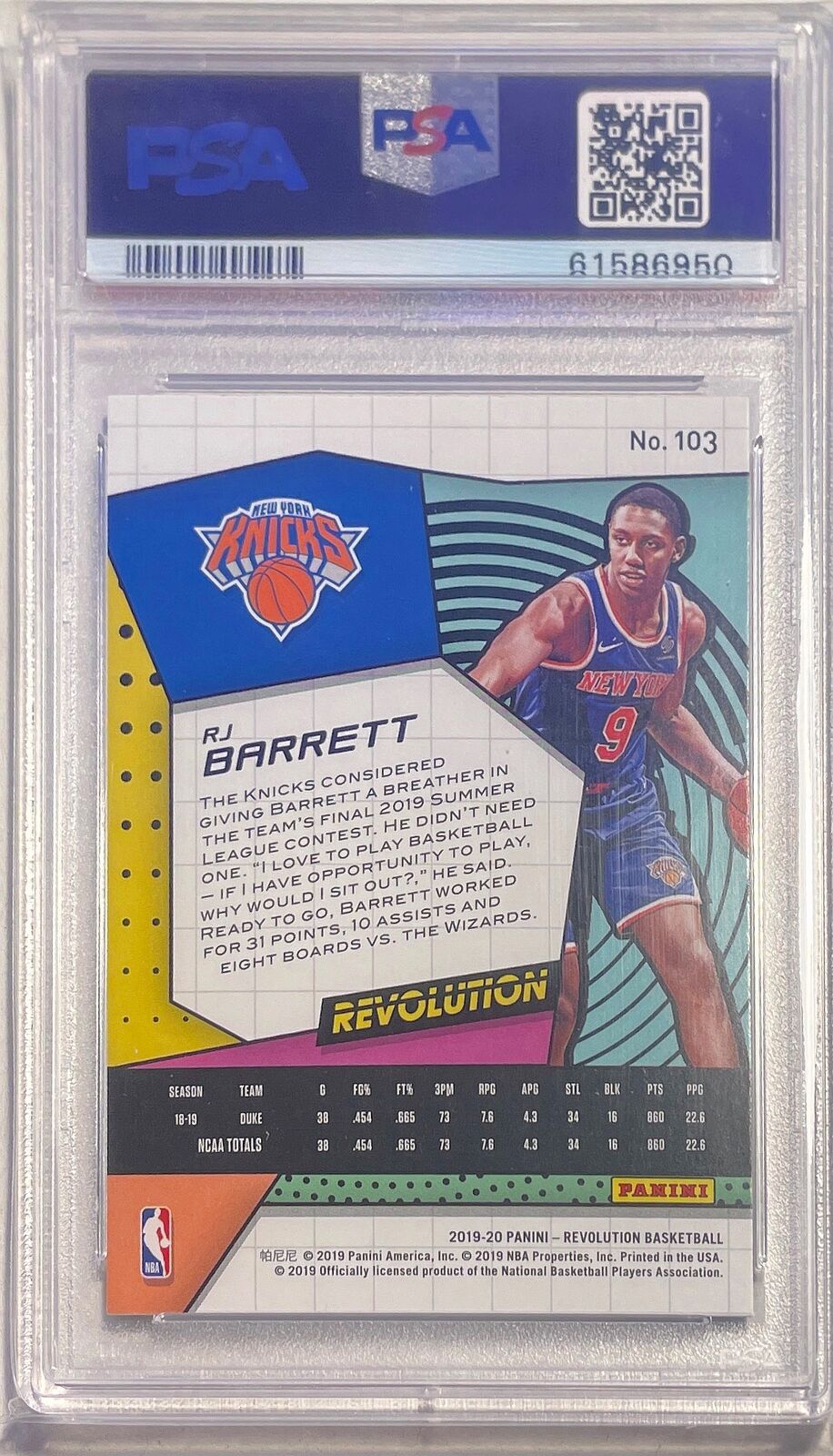 RJ BARRETT 2019-20 PANINI REVOLUTION ROOKIE RC #103 PSA 9 MINT