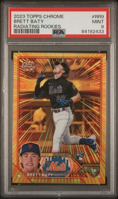 BRETT BATY 2023 TOPPS CHROME RADIATING ROOKIES RC REFRACTOR #9 PSA 9 MINT POP 7