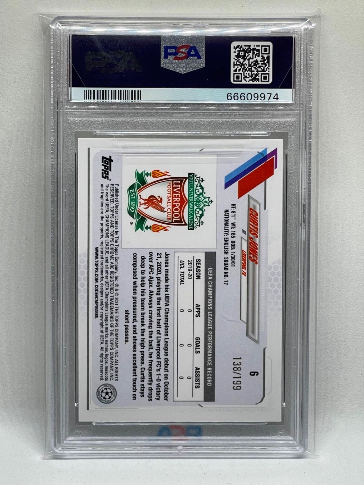 CURTIS JONES 2020 TOPPS CHROME UCL AQUA WAVE REFRACTOR RC #D 138/199 PSA 9 POP 3