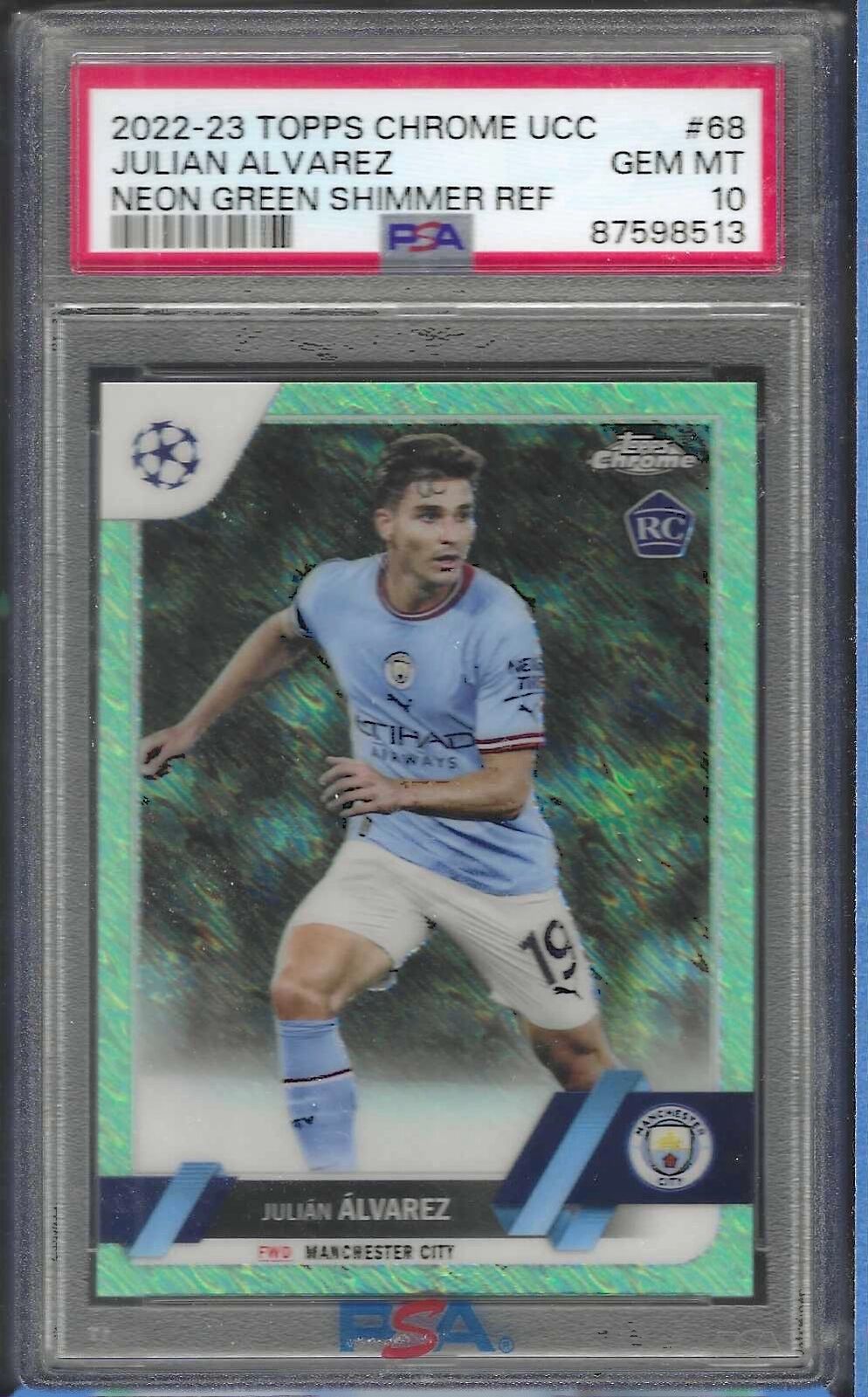 JULIAN ALVAREZ 2022-23 TOPPS CHROME GREEN SHIMMER REFRACTOR RC /399 PSA 10 GEM