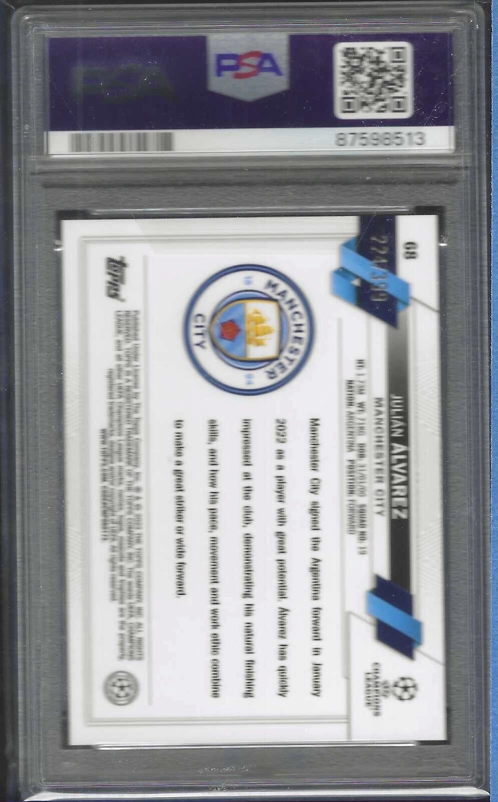JULIAN ALVAREZ 2022-23 TOPPS CHROME GREEN SHIMMER REFRACTOR RC /399 PSA 10 GEM