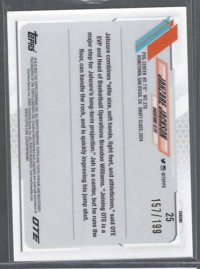 JAHZARE JACKSON 2021-22 TOPPS CHROME OTE AQUA WAVE REFRACTOR RC #D 157/199