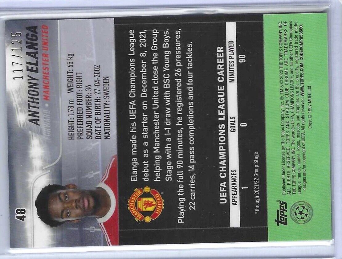 ANTHONY ELANGA 2021 STADIUM CLUB CHROME GREEN YELLOW ELECTRIC REFRACTOR RC /125