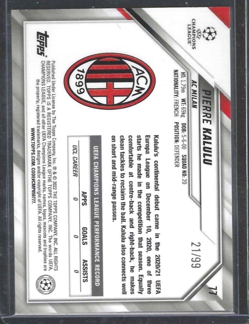 PIERRE KALULU 2021-22 TOPPS BLUE ICY FOIL ROOKIE RC #D 21/99