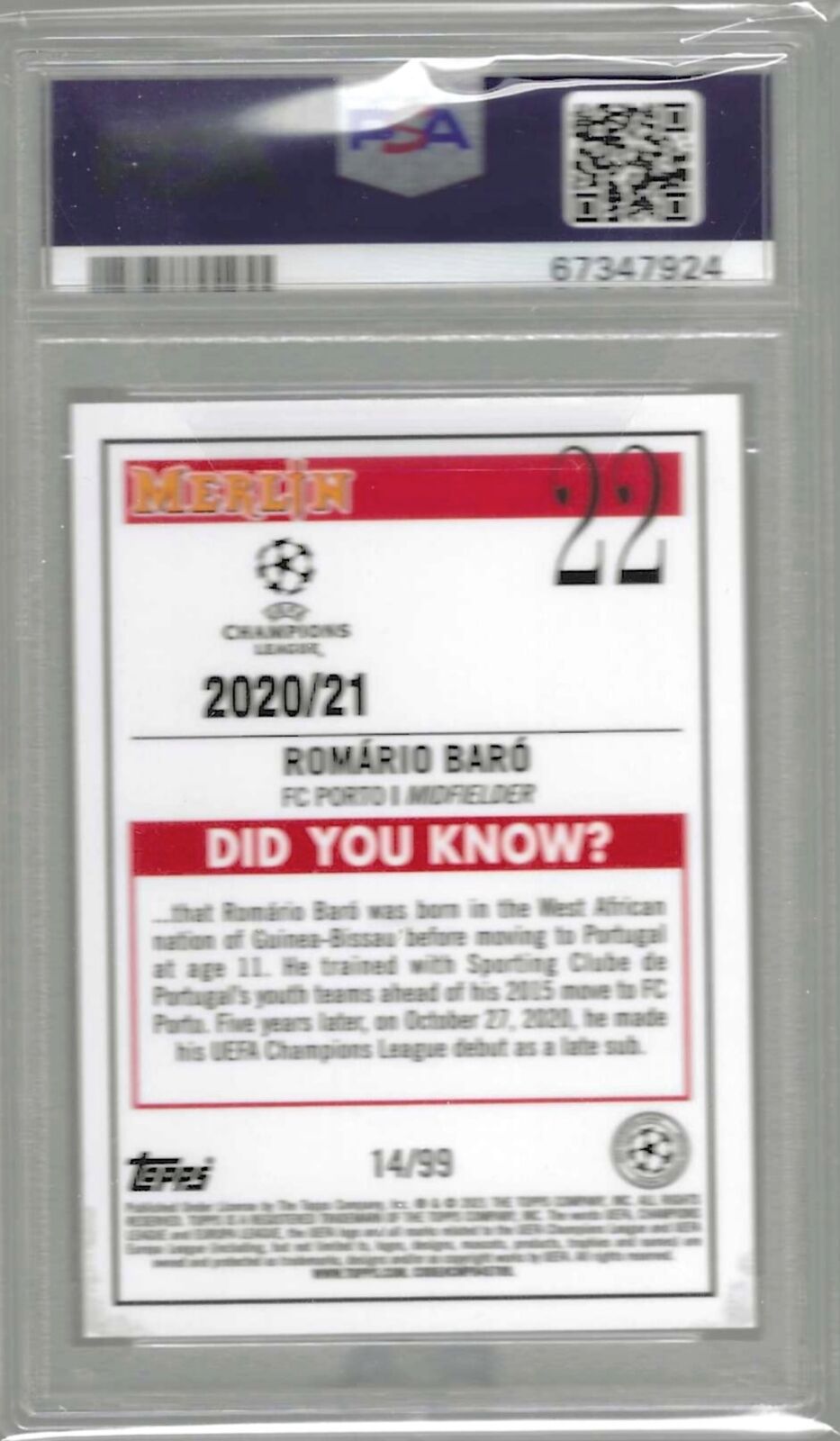 ROMARIO BARO 2020-21 TOPPS MERLIN GREEN REFRACTOR RC /99 PSA 10 GEM MINT POP 1/1