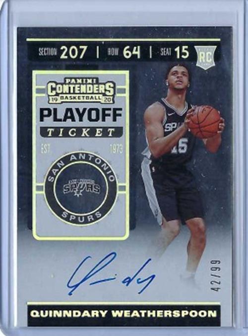 QUINNDARY WEATHERSPOON 2019-20 PANINI CONTENDERS PLAYOFF TICKET AUTO RC #D 42/99