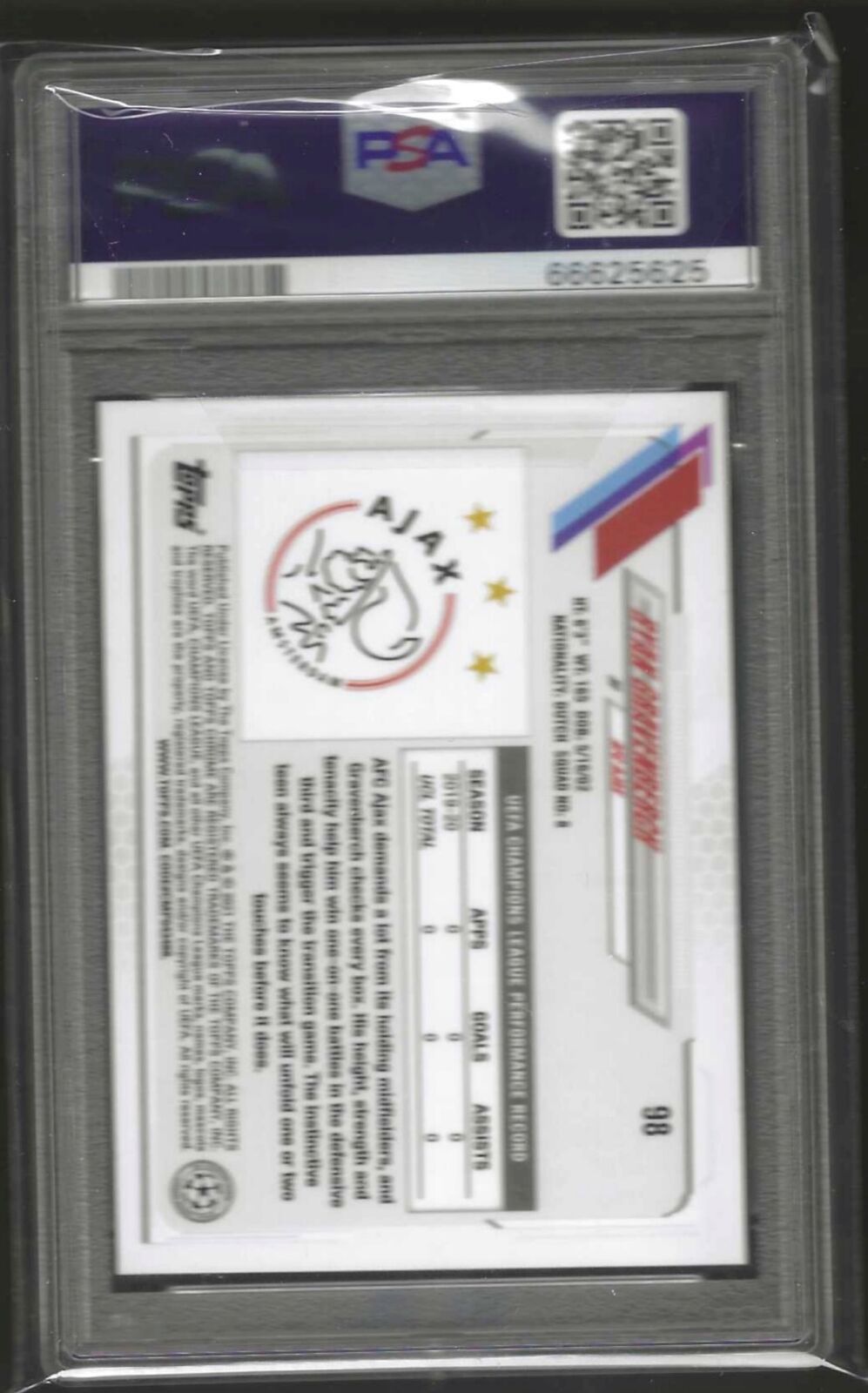 RYAN GRAVENBERCH 2020-21 TOPPS CHROME SPECKLE REFRACTOR RC #98 PSA 10 GEM POP 8