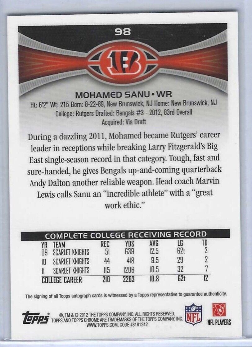 MOHAMED SANU 2012 TOPPS CHROME PHOTO VARIATION REFRACTOR ROOKIE SSP AUTO RC #98