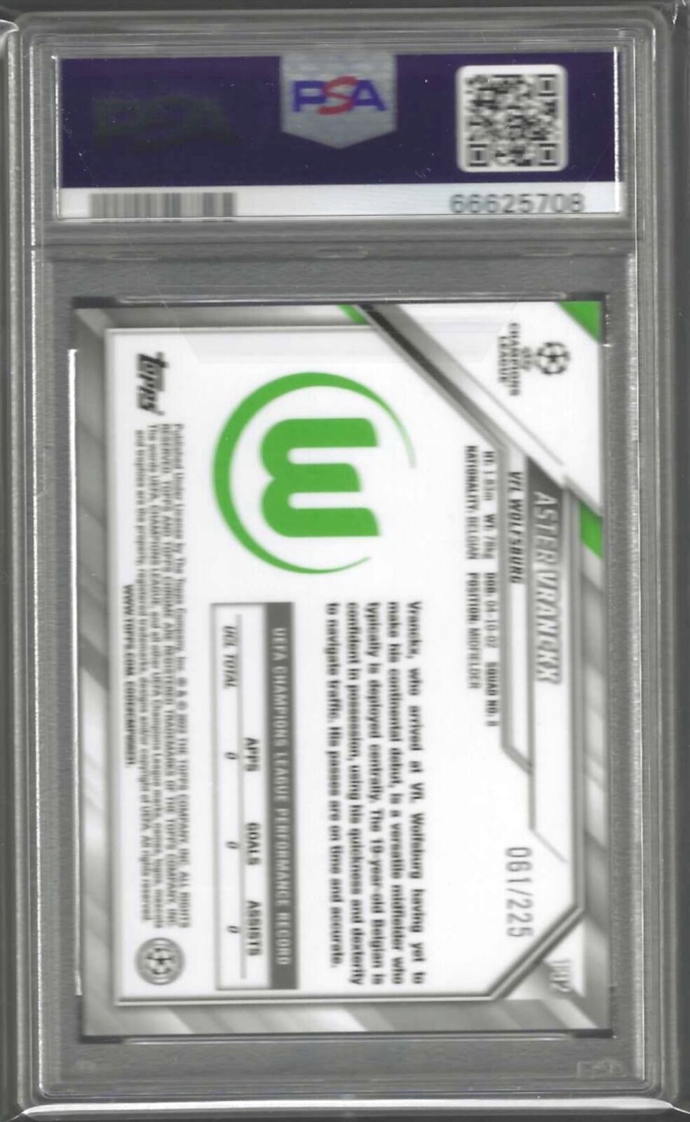 ASTER VRANCKX 2021-22 TOPPS CHROME NIGHT VISION REFRACTOR RC /225 PSA 10 POP 1/1