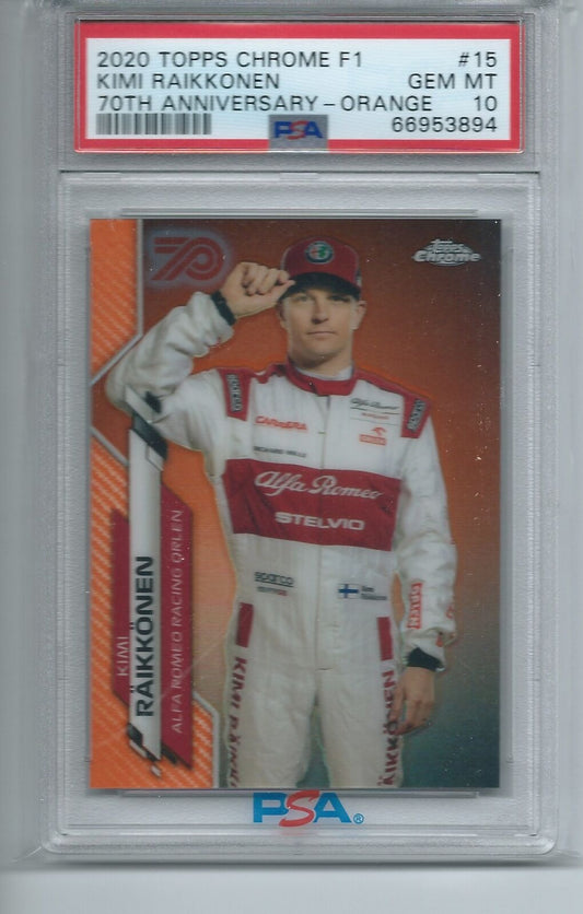 KIMI RAIKKONEN 2020 TOPPS CHROME F1 70TH ANNIV ORANGE REFRACTOR #15 PSA 10 POP 8