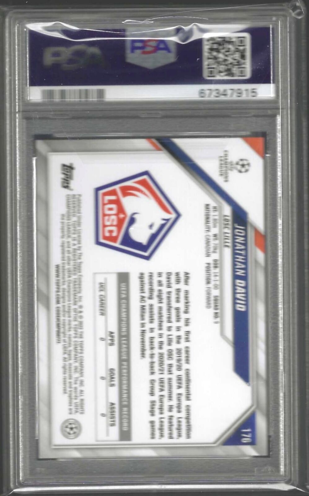 JONATHAN DAVID 2021-22 TOPPS UCL STARBALL FOIL ROOKIE RC #176 PSA 10 GEM MINT