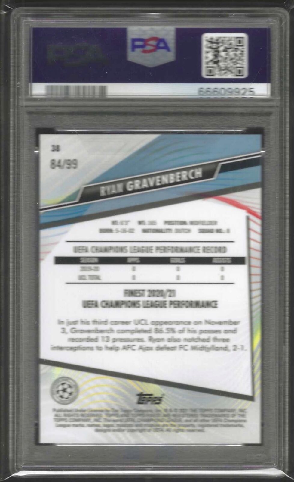 RYAN GRAVENBERCH 2020-21 TOPPS FINEST GREEN REFRACTOR RC /99 PSA 10 GEM POP 7
