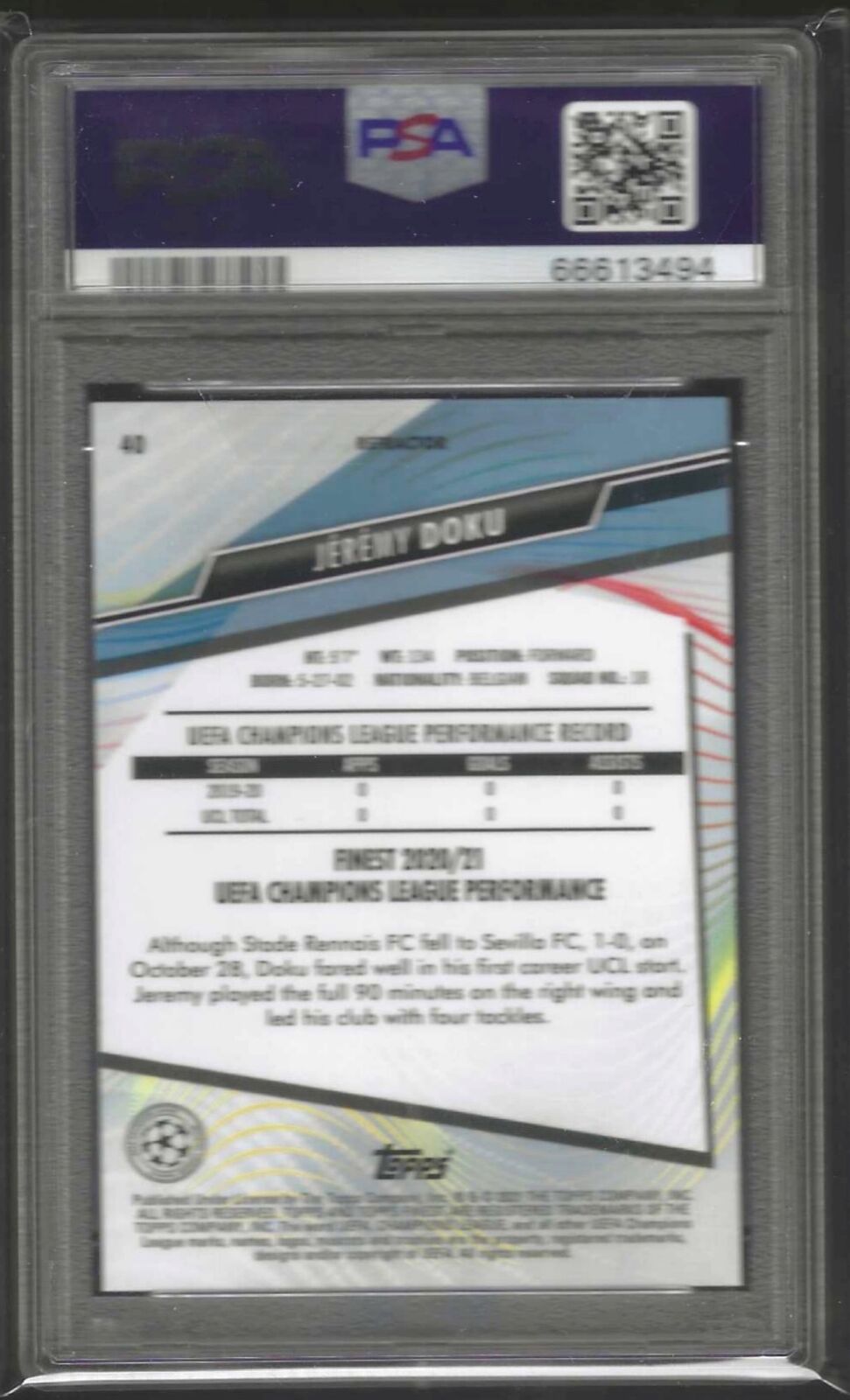 JEREMY DOKU 2020-21 TOPPS FINEST SILVER REFRACTOR RC #40 PSA 10 GEM MINT POP 8