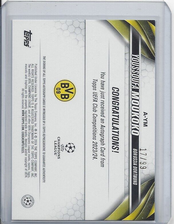 YOUSSOUFA MOUKOKO 2023-24 TOPPS CLUB COMPETITIONS UCL BLUE ICY FOIL AUTO #D /99
