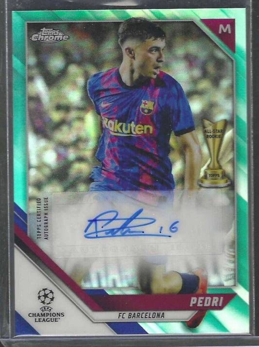 PEDRI 2021-22 TOPPS CHROME UCL AQUA REFRACTOR AUTO #D 135/199