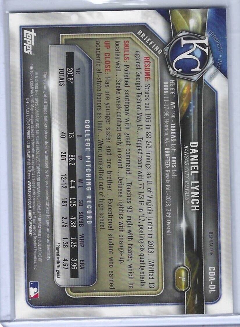 DANIEL LYNCH 2018 BOWMAN CHROME REFRACTOR 1ST PROSPECT ON CARD AUTO #D 277/499