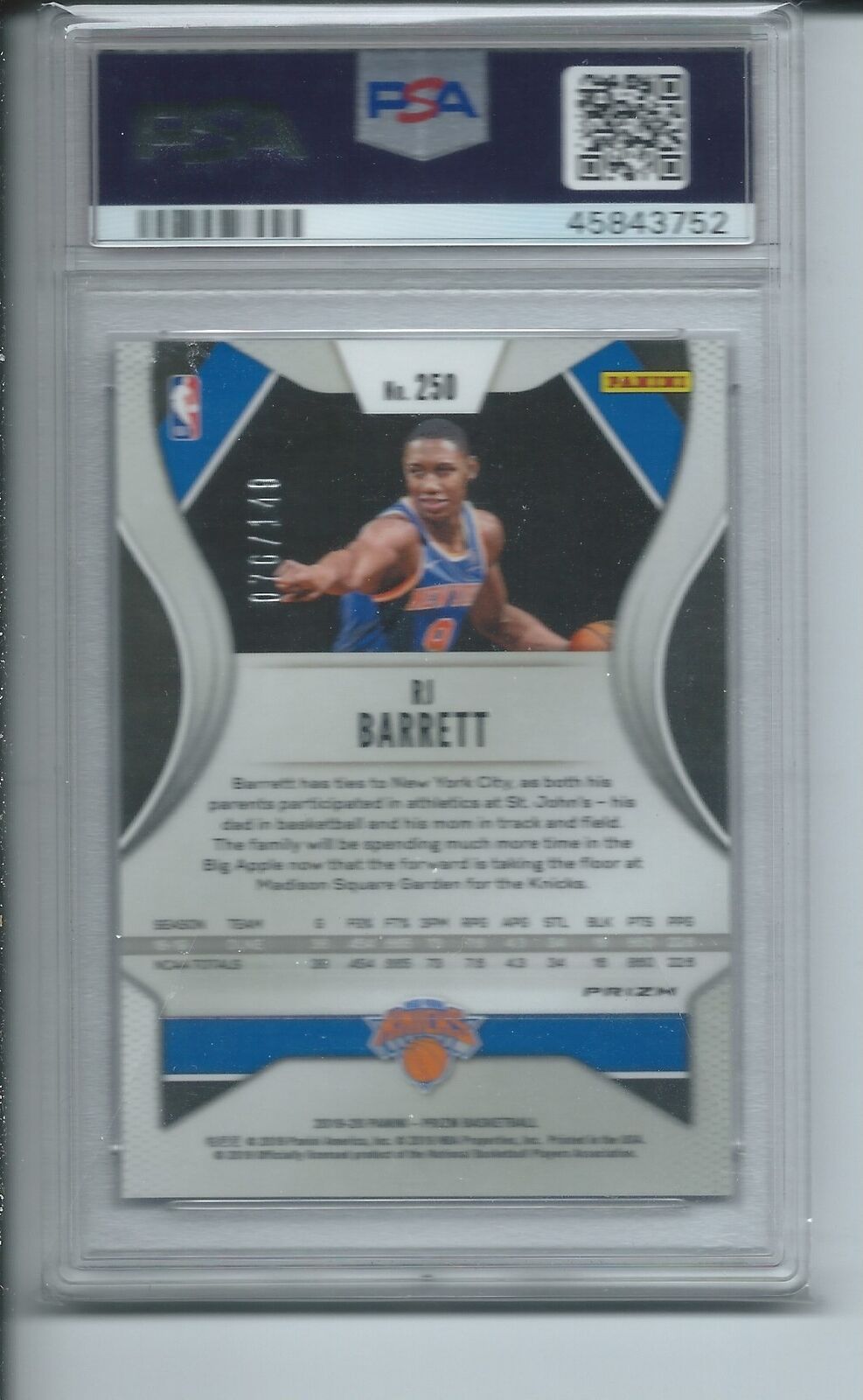 RJ PARRETT 2019-20 PANINI PRIZM PURPLE ICE PRIZMS RC #D 76/149 PSA 9 MINT