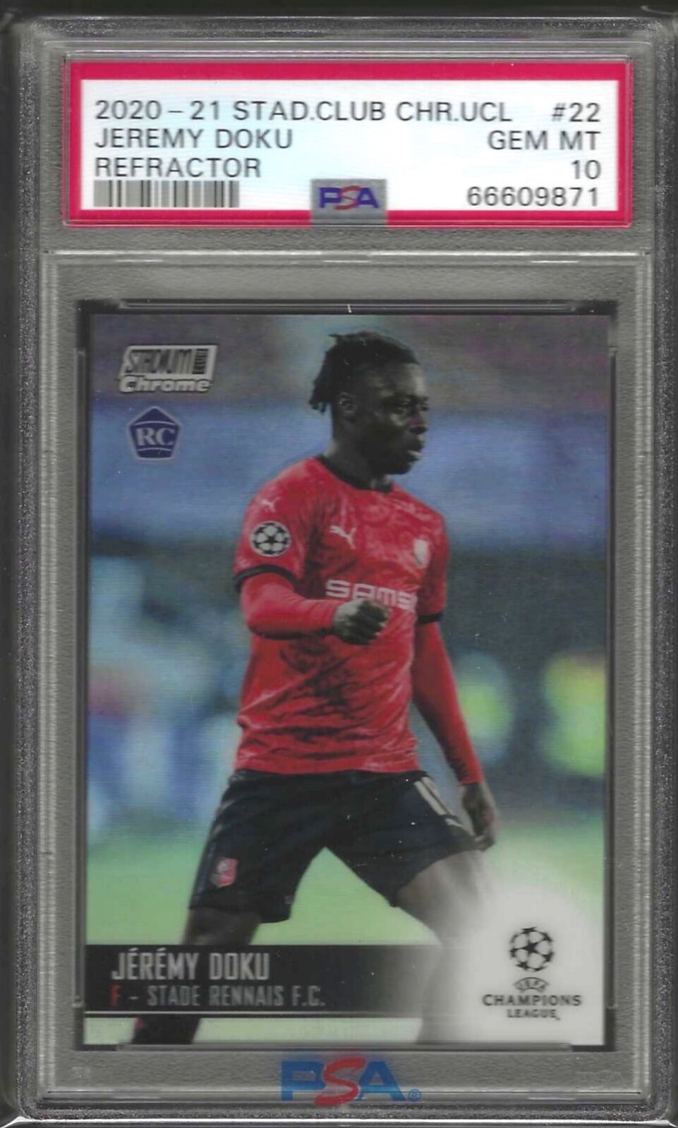 JEREMY DOKU 2020-21 TOPPS STADIUM CLUB CHROME REFRACTOR RC #22 PSA 10 GEM POP 3