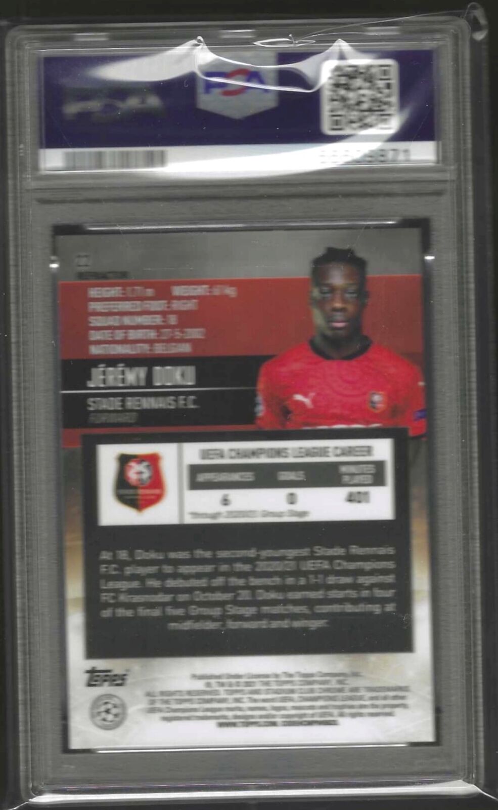 JEREMY DOKU 2020-21 TOPPS STADIUM CLUB CHROME REFRACTOR RC #22 PSA 10 GEM POP 3
