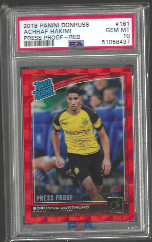 ACHRAF HAKIMI 2018-19 PANINI DONRUSS RED PRESS PROOF RC #181 PSA 10 GEM MINT