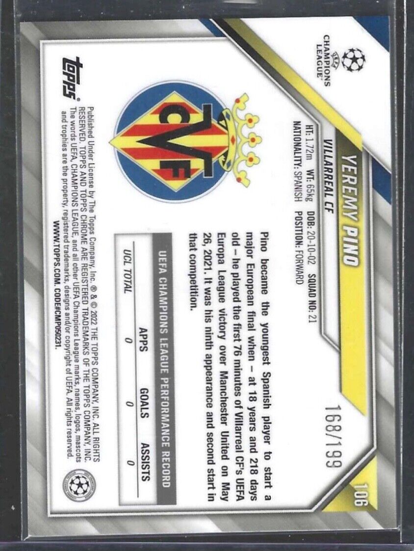 YEREMY PINO 2021-22 TOPPS CHROME UCL AQUA WAVE REFRACTOR RC #D 168/199