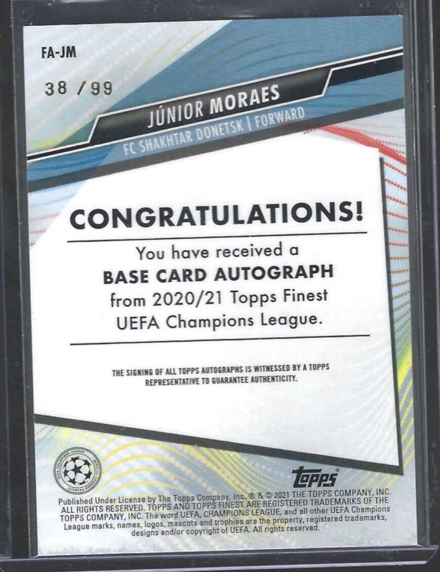 JUNIOR MORAES 2020-21 TOPPS FINEST UCL GREEN REFRACTOR AUTO #D 38/99