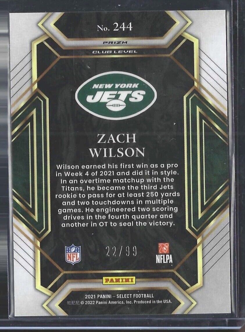 ZACH WILSON 2021 PANINI SELECT CLUB LEVEL BLUE PRIZM ROOKIE RC #D 22/99