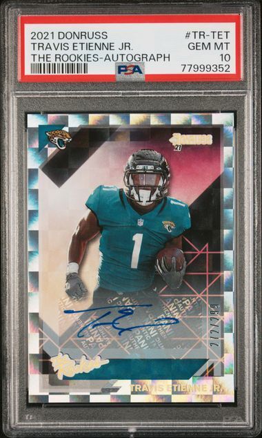 TRAVIS ETIENNE JR 2021 PANINI DONRUSS THE ROOKIES AUTO RC /299 PSA 10 GEM MINT