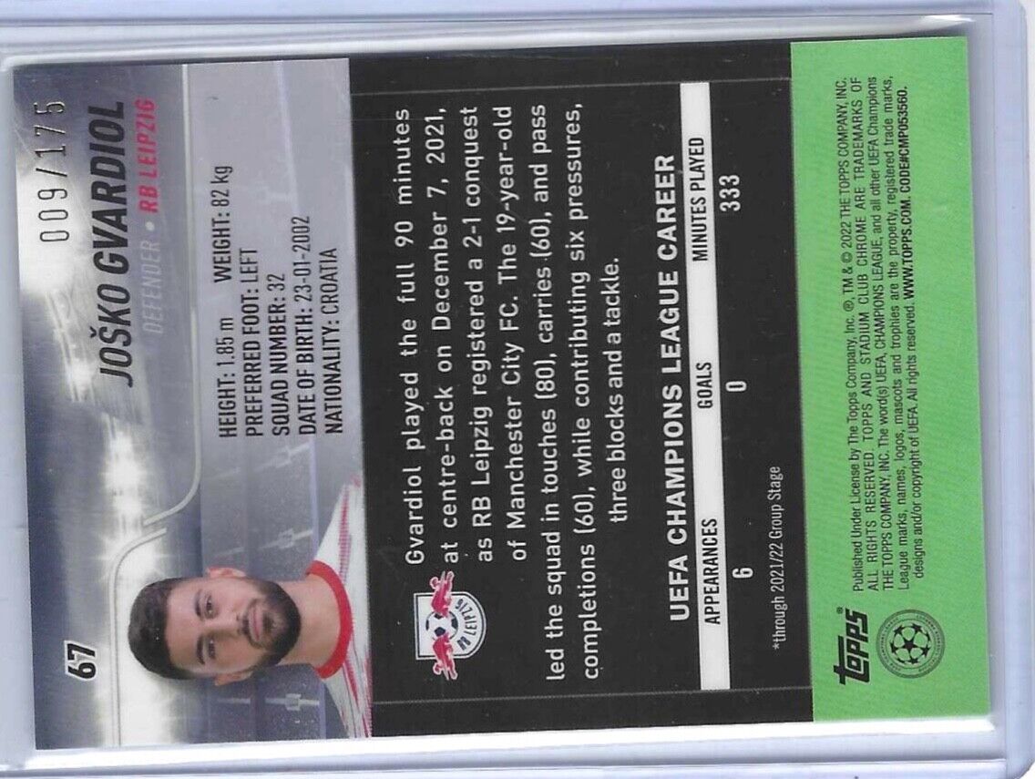JOSKO GVARDIOL 2021-22 STADIUM CLUB CHROME NIGHT VISION REFRACTOR RC #D 9/175