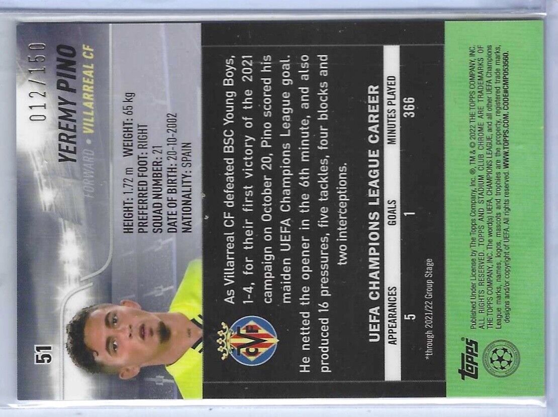 YEREMY PINO 2021-22 TOPPS STADIUM CLUB CHROME GREEN REFRACTOR RC #D 012/150