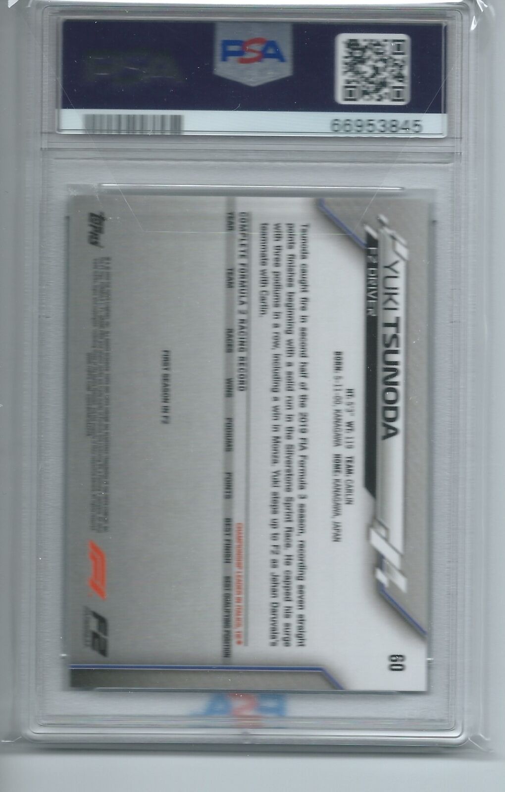 YUKI TSUNODA 2020 TOPPS CHROME FORMULA 1 F1 FUTURE STARS #60 PSA 10 GEM MINT