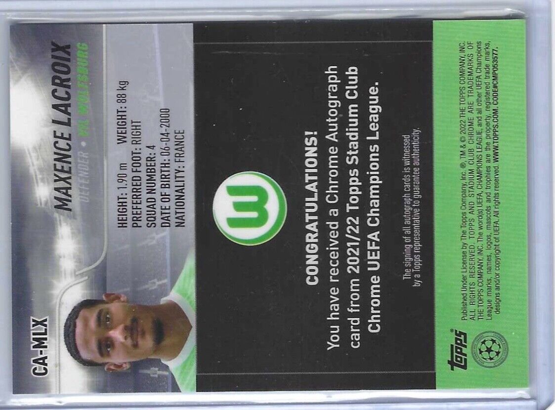 MAXENCE LACROIX 2021-22 TOPPS STADIUM CLUB CHROME REFRACTOR AUTO #CA-MLX