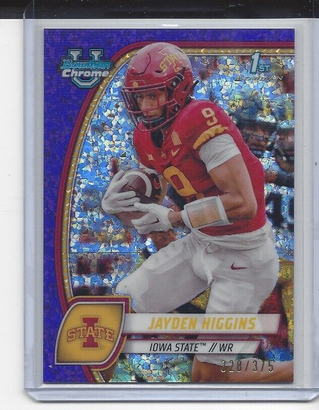 JAYDEN HIGGI 2024 BOWMAN CHROME UNIVERSTY 1ST PURPLE MINI DIAMOND REFRACTOR /375