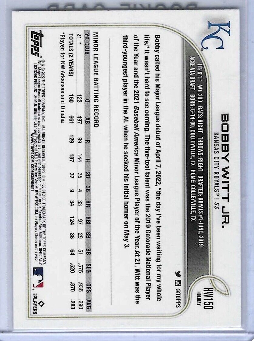 BOBBY WITT JR 2022 TOPPS HOLIDAY BOX SILVER ROOKIE RC #HW150