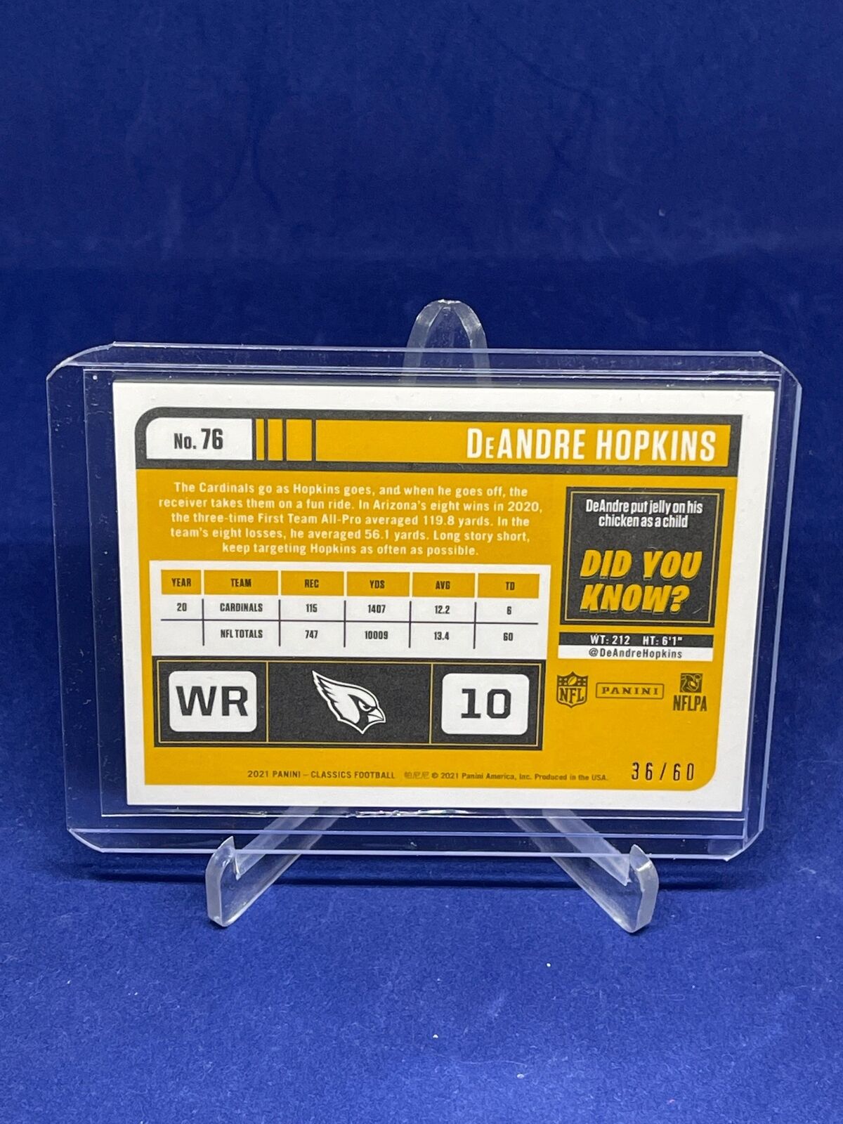 DEANDRE HOPKINS 2021 PANINI CLASSICS GOLD PRIZM TIMELESS TRIBUTES #D 36/50