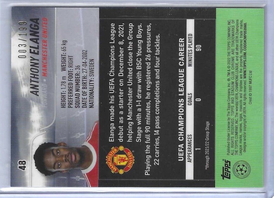 ANTHONY ELANGA 2021-22 STADIUM CLUB CHROME GREEN AQUA ELECTRIC REFRACTOR RC /199