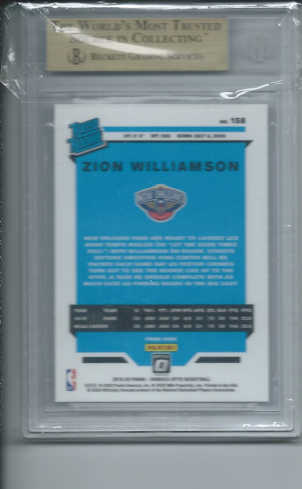 ZION WILLIAMSON 2019-20 DONRUSS OPTIC RATED ROOKIE RC #158 BGS 9.5 GEM MINT