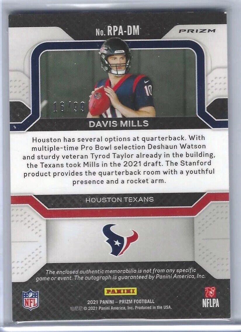 DAVIS MILLS 2021 PANINI PRIZM SILVER PRIZM RPA ROOKIE PATCH AUTO RC #D 16/99