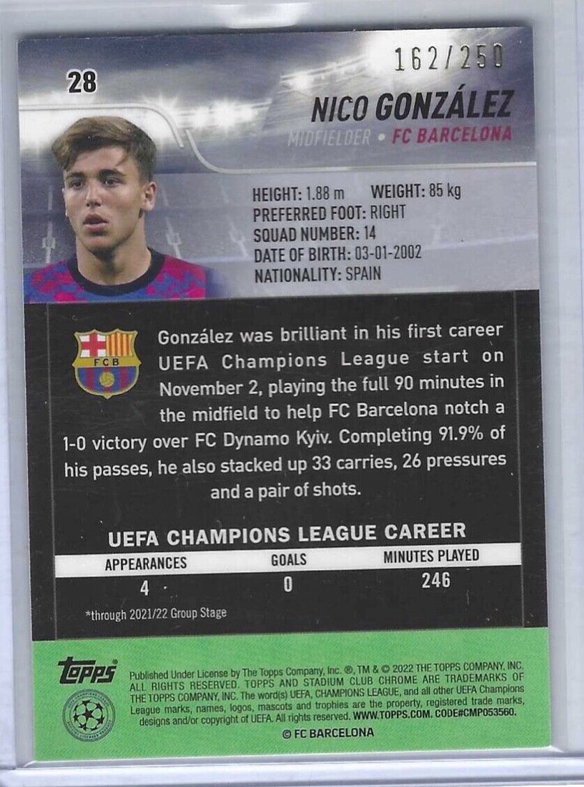 NICO GONZALEZ 2021-22 TOPPS STADIUM CLUB CHROME AQUA WAVE REFRACTOR RC #D /250