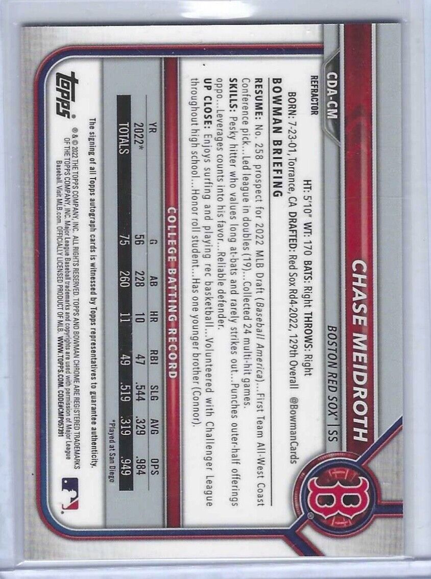 CHASE MEIDROTH 2022 BOWMAN CHROME DRAFT REFRACTOR 1ST PROSPECT AUTO #D 454/499