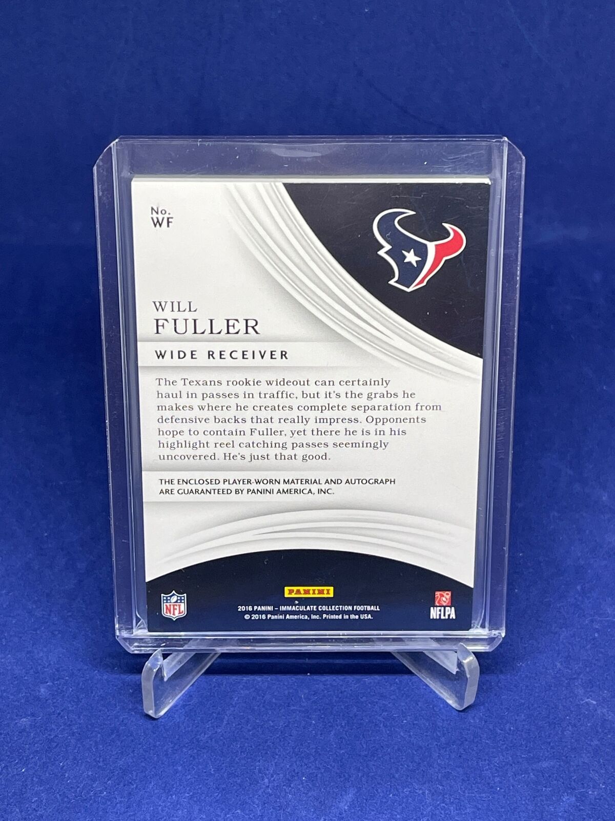 WILL FULLER 2016 PANINI IMMACULATE PREMIUM RPA JUMBO PATCH ON CARD AUTO #D 43/49