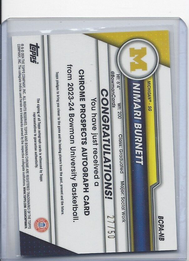 NIMARI BURNETT 2023-24 BOWMAN CHROME UNIVERSITY 1ST GOLD LAVA REFRACTOR AUTO /50
