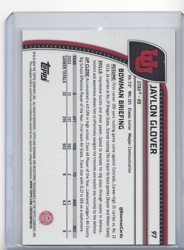 JAYLON GLOVER 2024 BOWMAN CHROME UNIVERSITY 1ST BLUE MINI DIAMOND REFRACTOR /175