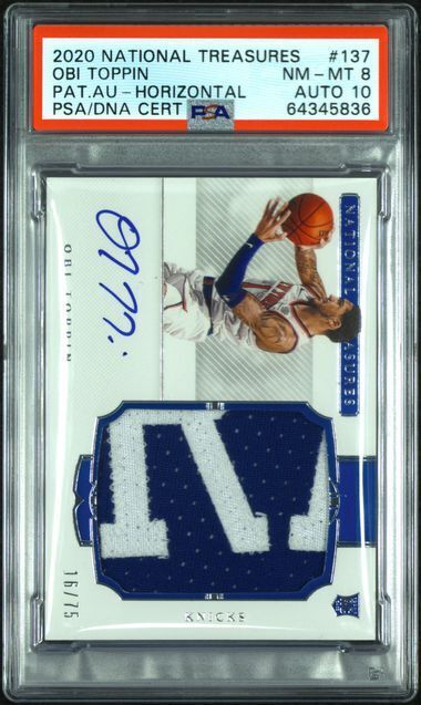 OBI TOPPIN 2020-21 NATIONAL TREASURES RPA PATCH AUTO RC #D 16/75 PSA 8 POP 3