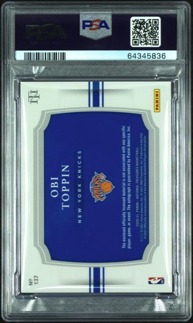 OBI TOPPIN 2020-21 NATIONAL TREASURES RPA PATCH AUTO RC #D 16/75 PSA 8 POP 3